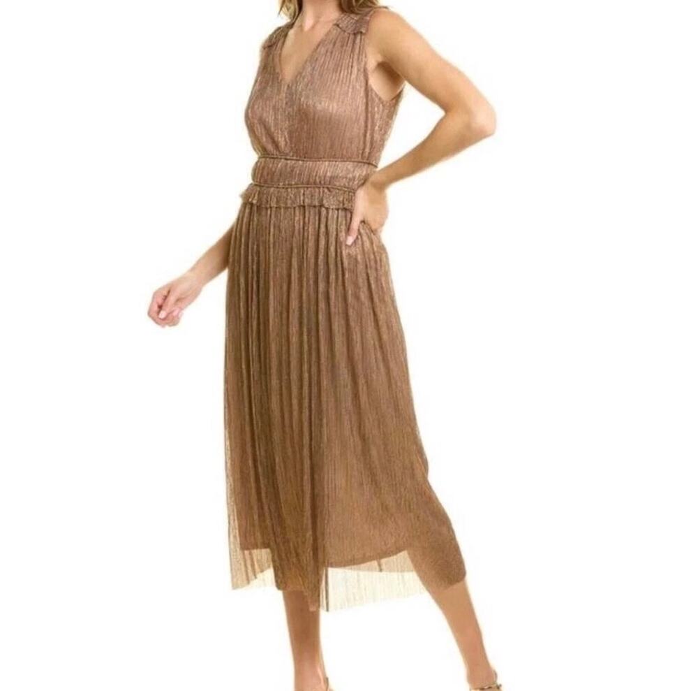 TAYLOR Women's Metallic Chiffon Midi Dress Lined Ruffle Sleeveless Size 2 Bronze